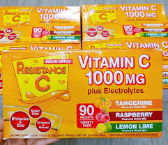 Bột Hòa Tan Vitamin C Tăng Đề Kháng Resistance C 1000mg Plus Electrolytes Tangerine/ Raspberry/ Lemon 90 gói