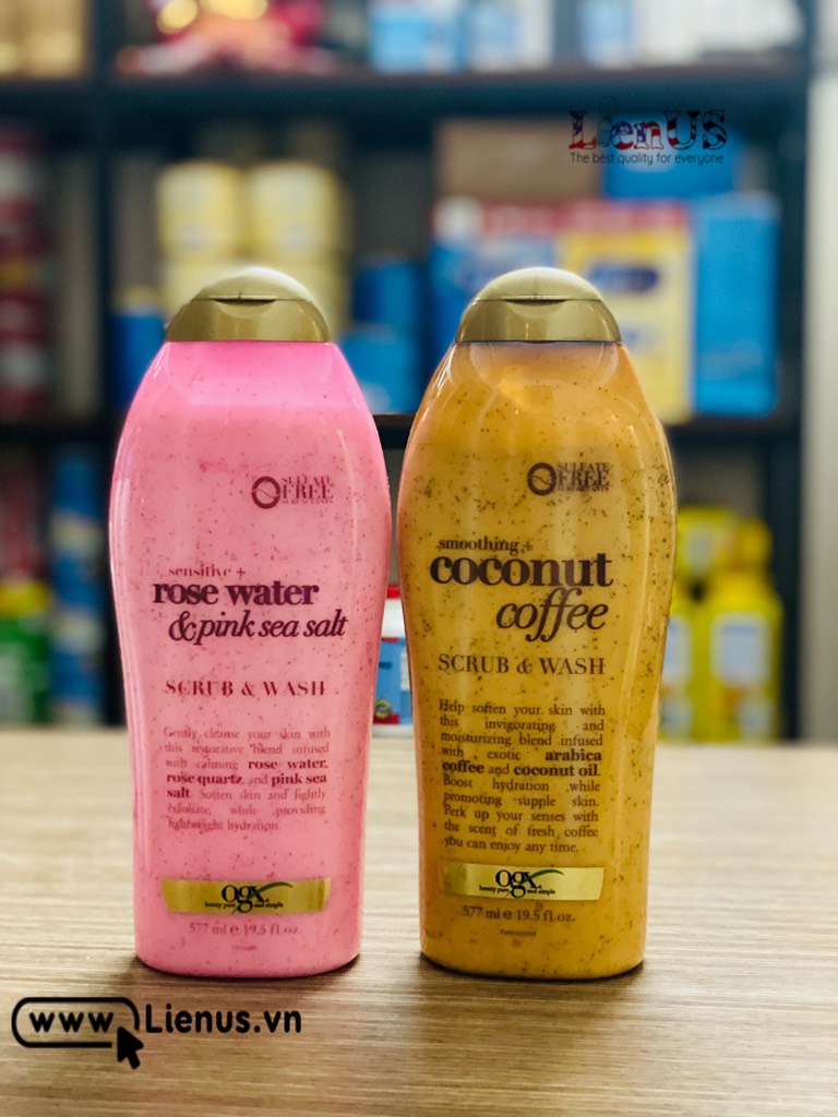 Sữa Tắm Tẩy Tế Bào Chết OGX Sensitive + Rose Water & Pink Sea Salt Scrub & Wash 577ml