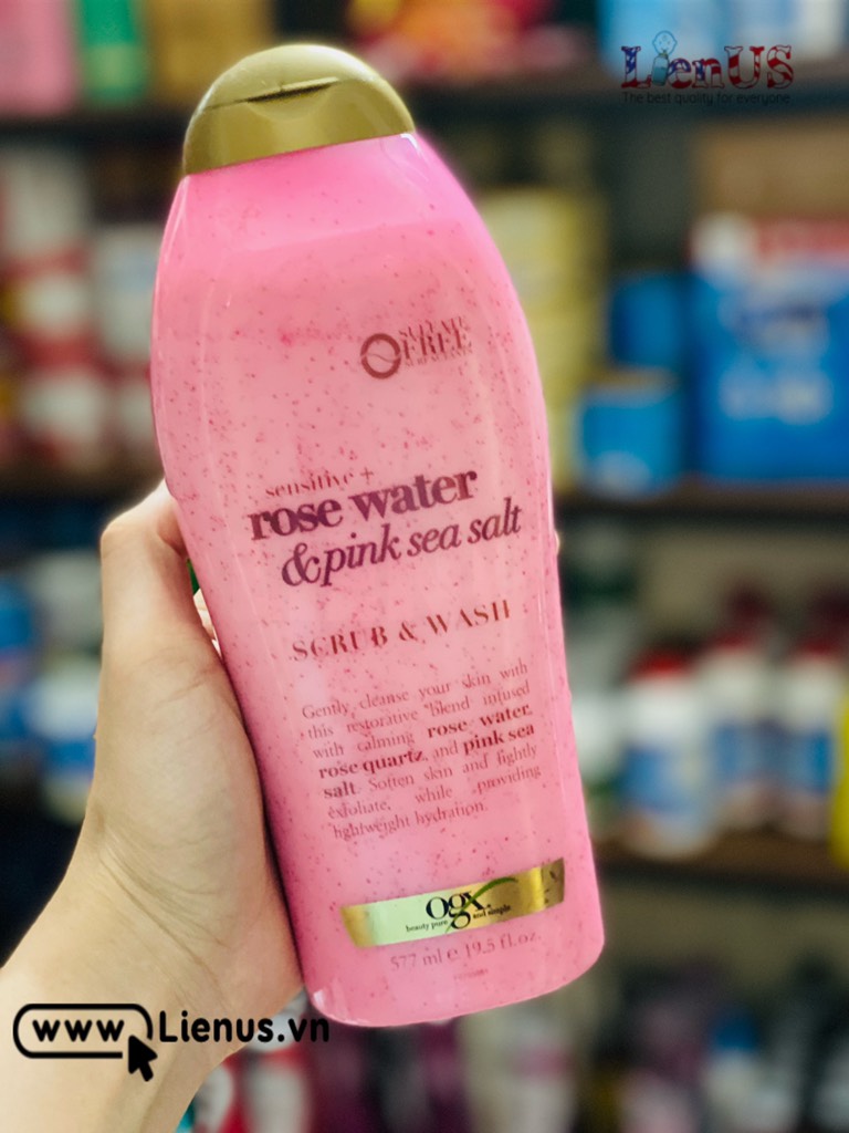 Sữa Tắm Tẩy Tế Bào Chết OGX Sensitive + Rose Water & Pink Sea Salt Scrub & Wash 577ml