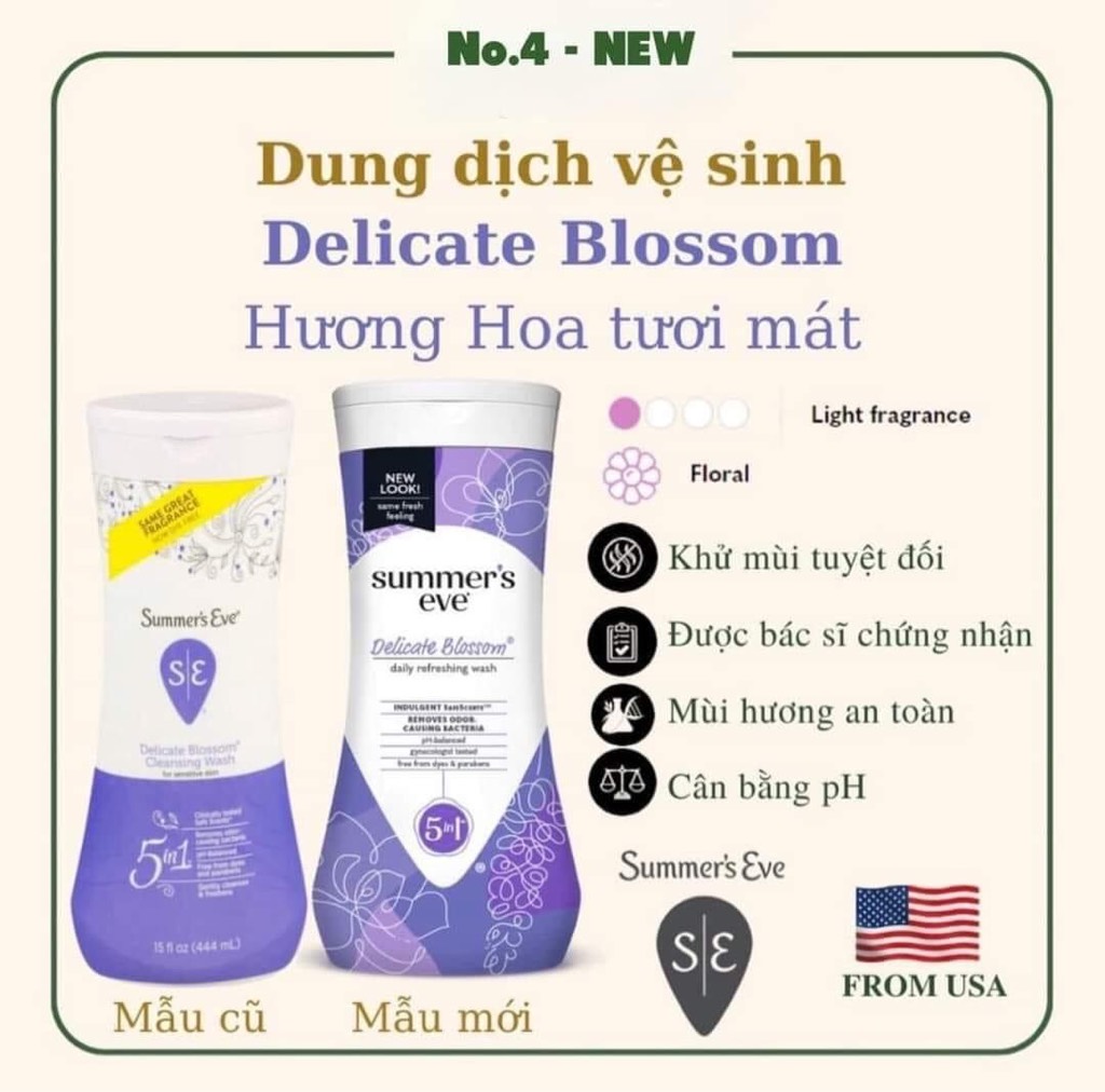 Dung dịch vệ sinh phụ nữ Summer's Eve tím Delicate Blossom Cleansing Wash 444ml