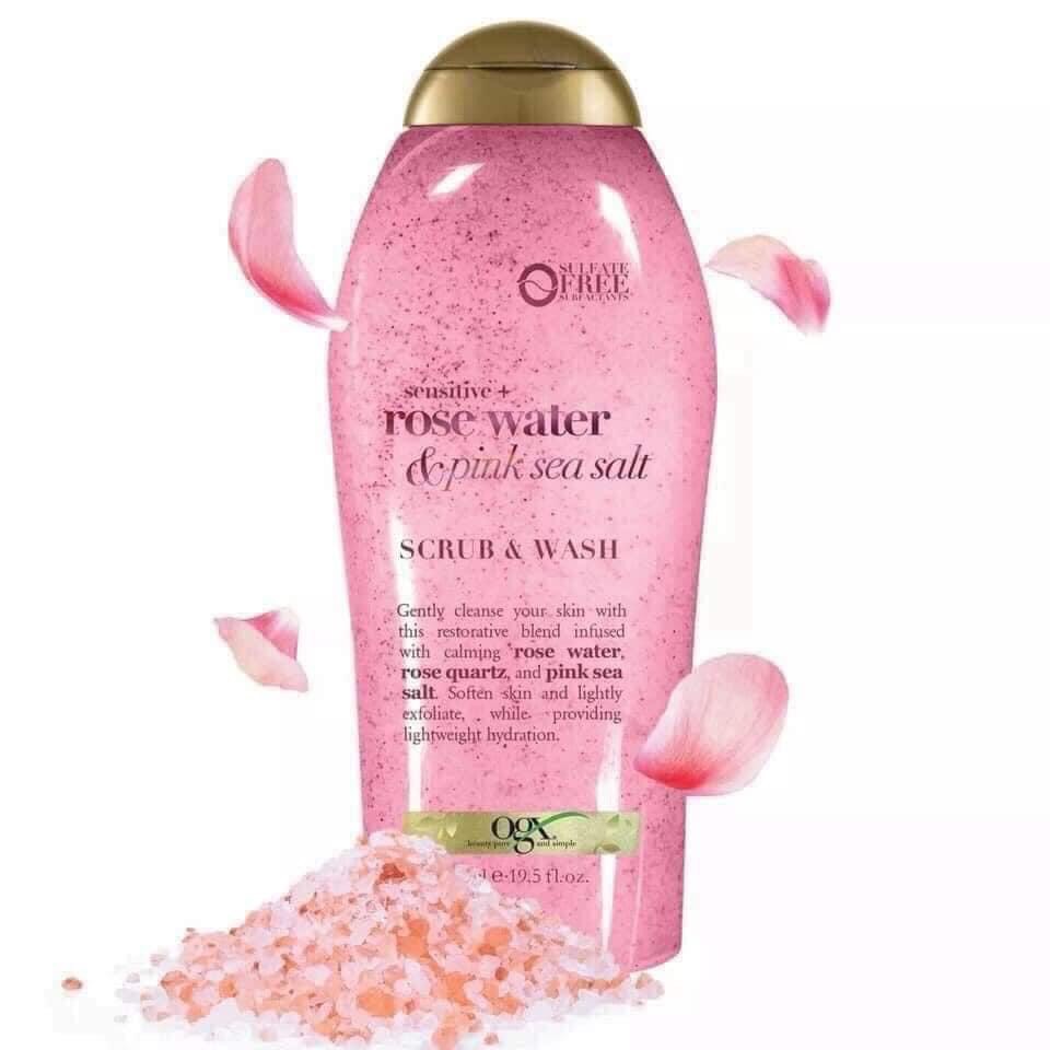 Sữa Tắm Tẩy Tế Bào Chết OGX Sensitive + Rose Water & Pink Sea Salt Scrub & Wash 577ml