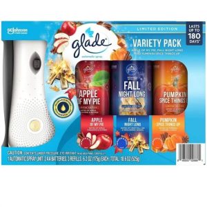 Set máy xịt thơm phòng tự động Glade chạy pin + 3 chai tinh dầu (Apple, Night, Pumpkin)